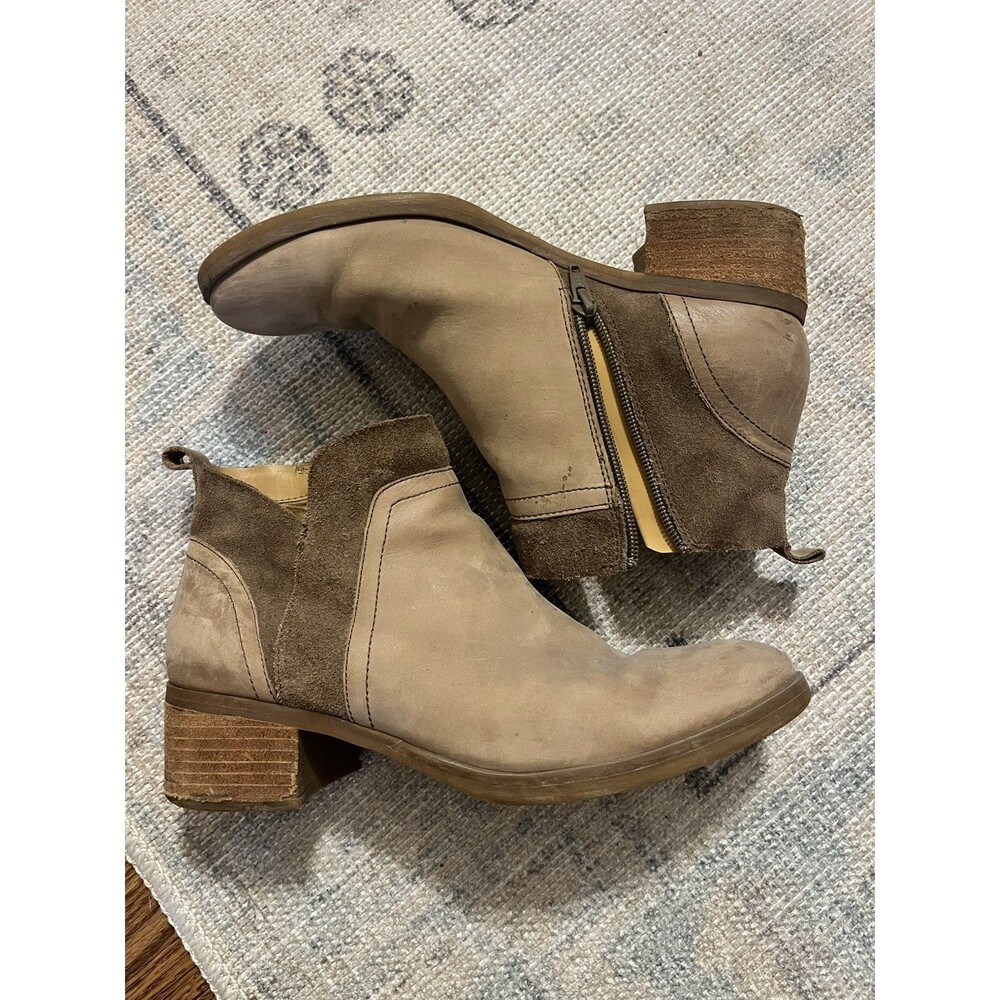 KORKS Thyone Booties Distressed Brown Taupe Leather Suede Zip Chunky Heel Sz 8.5